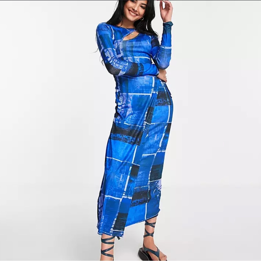 Topshop ranch print cut out jersey midi dress in blue M